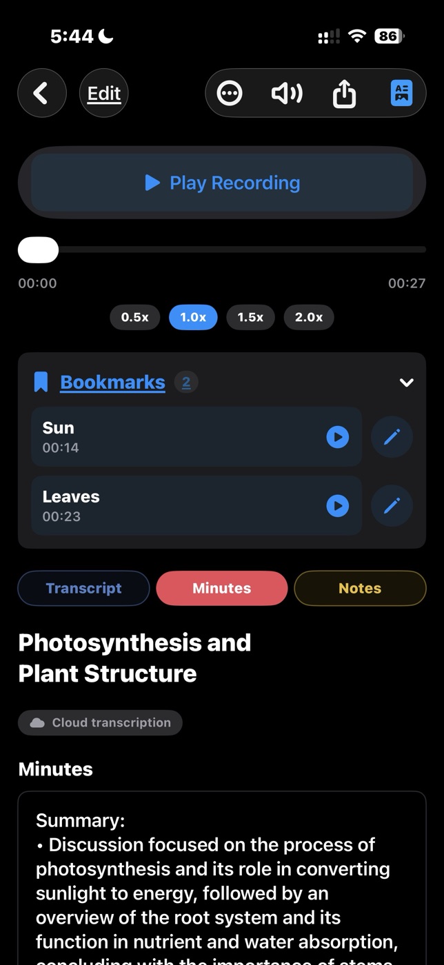 Timestamped bookmarks within an audio recording