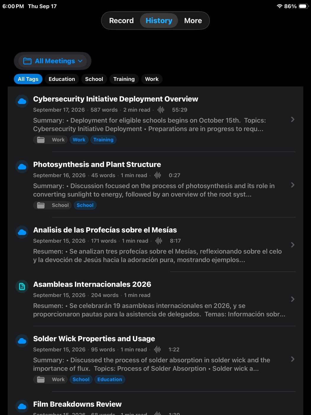 TapMinutes meeting history on iPad with folder and tag filters