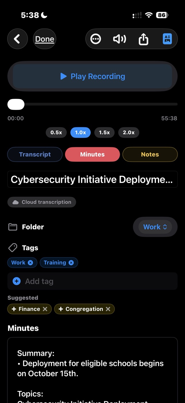 A TapMinutes meeting showing playback, transcript, minutes, folder, and tags