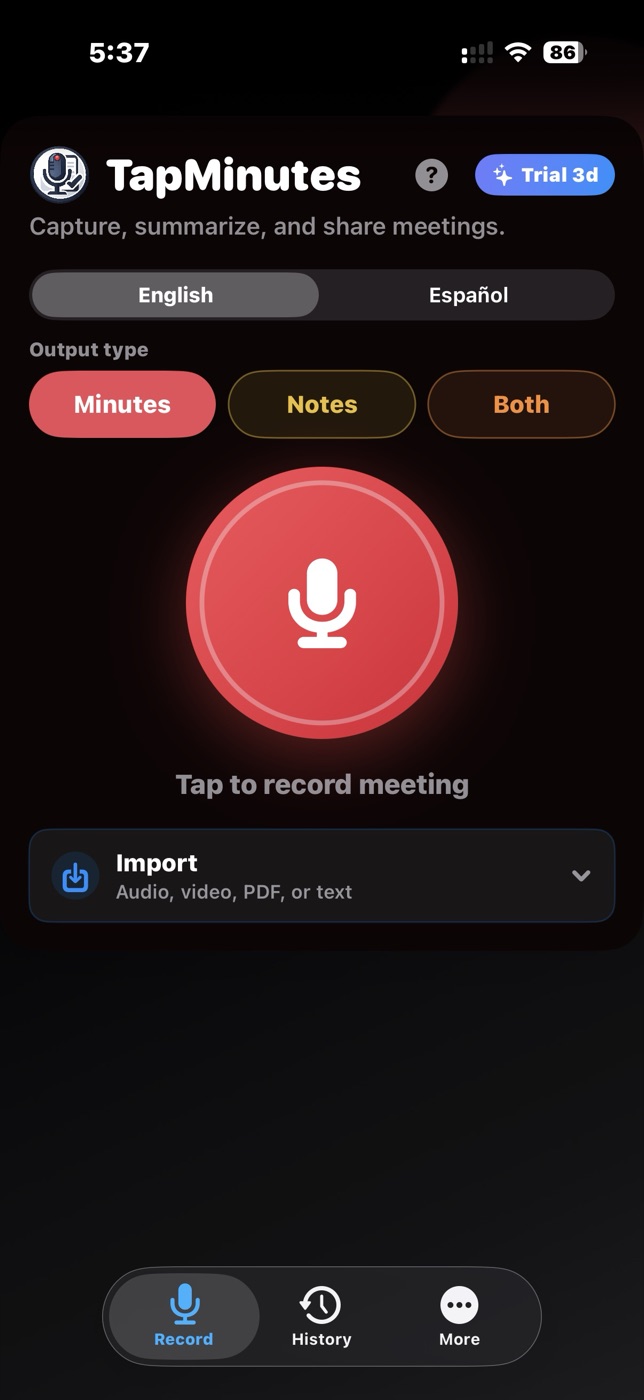 TapMinutes Record screen with Minutes, Notes, and Both output choices
